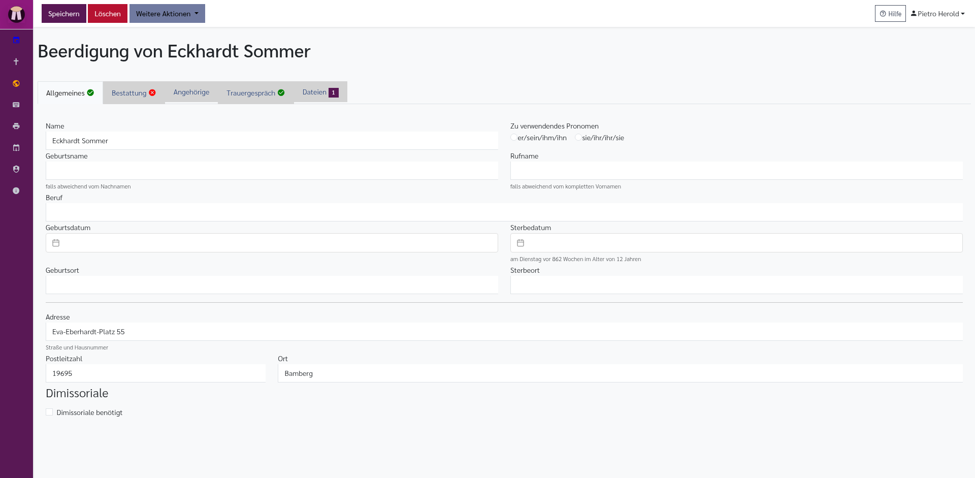Beerdigungseditor: Allgemeines